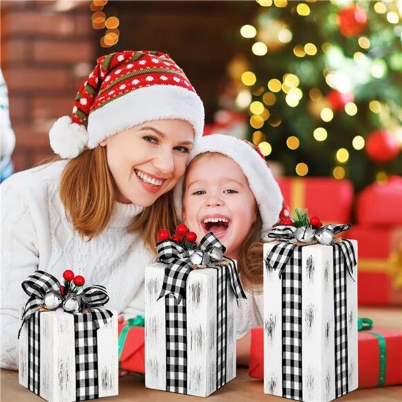 3 Pcs Christmas Wooden Gifts Box Christmas Plaid Presents Table Centerpieces - Picture 5 of 7